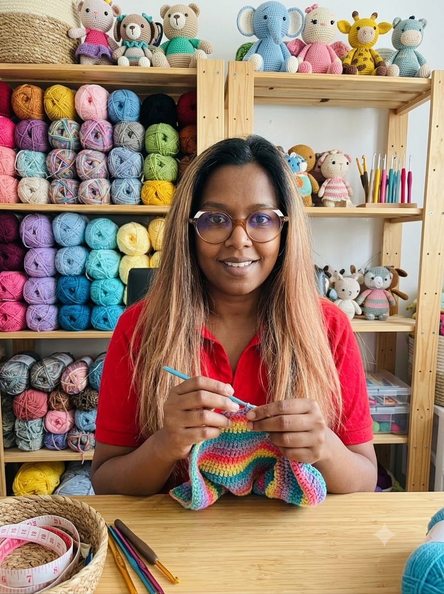 The maker behind Knitwear By L, crocheting in her workspace